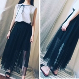 韩国夏季复古风中长款黑色网纱半身长裙a字百褶蓬蓬裙高腰显瘦潮