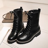 2016冬季新款时尚圆头低跟平底防水台中筒靴女军靴韩版黑色马丁靴