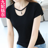 黑色短袖t恤女夏季新款韩范女装修身时尚镂空体恤女学生