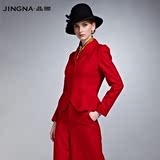 晶娜毛呢小西装外套女短款红色修身职业装正装小外套西服长袖2015
