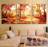 纯手绘油画风景客厅时尚家居装饰画金树林三联无框沙发背景墙壁画