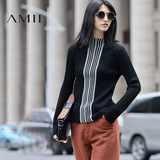 Amii2016秋冬新款修身百搭撞色条纹小高领打底衫女套头针织毛衣
