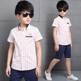 甜甜鹿韩版新款短袖立领儿童格子上衣B类男大童衬衣白色新品衬衫