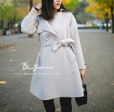BJ独家韩国定制秋冬风衣女款加厚双面高级羊绒毛呢米白手工大衣