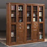 实木书柜书架自由组合 橡木储物柜 玻璃书柜带门 中式书橱胡桃色