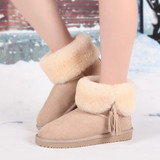 冬季新款真皮流苏雪地靴女 短筒翻毛口羊毛短靴加厚平底雪地棉鞋