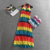 外贸原单波西米亚印花裙子彩虹条纹显瘦无袖连衣裙拖地长裙沙滩裙
