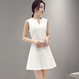 2016夏装新款韩版收腰修身白色无袖连衣裙女装气质显瘦a字裙子夏