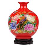 景德镇陶瓷器 中国红金鸡牡丹花瓶 现代家居客厅摆件结婚喜庆礼品