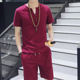 潮男夏季韩版亚麻短袖T恤青年运动V领套装中国风修身纯色大码男装