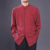 百福龙时尚民族风唐装长袖衬衣 中式男装新款 中国风衬衫红色春装