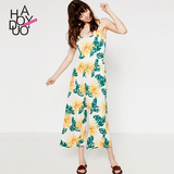 Haoduoyi2016夏装新款 欧美花朵印花雪纺裤 OL气质显瘦吊带连体裤