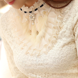 2015秋冬天长袖加绒加厚蕾丝打底衫高领长款韩版t恤保暖女士上衣