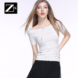 ZK镂空一字领露肩T恤短袖针织体恤修身显瘦短款上衣2016夏装新款