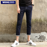 WOOG2005男士深蓝色牛仔裤2016夏季青年弹力韩版修身款小脚九分裤