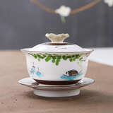 盖碗陶瓷景德镇手绘釉下彩陶瓷三才杯功夫茶具单品敬茶碗盖碗包邮