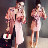 2016秋装新款韩版修身显瘦粉色灯笼袖风衣系带收腰中长款外套女潮