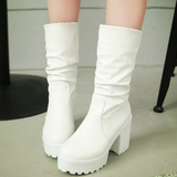 2015秋季新款白色单靴子皮靴高跟中筒靴粗跟马丁靴子女中靴厚底靴