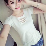 夏装新款短袖T恤女性感韩国磨破修身显瘦纯色百搭姐妹闺蜜装上衣