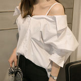 16春季新款韩国纯色单排扣一字领衬衫女蝙蝠袖性感露肩吊带上衣潮