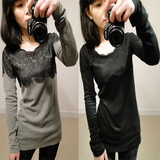 2015秋冬季新款韩版修身女士大码打底衫长袖加绒蕾丝中长款T恤