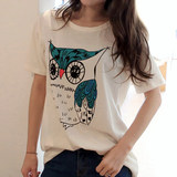韩版猫头鹰T恤女宽松中长款短袖女上衣