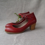 文艺复古玛丽珍尖头脚踝扣带粗跟高跟女单鞋手工定制真皮鞋928-5