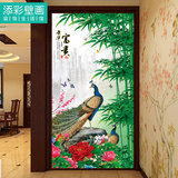 新中式无缝整张壁画定制竖幅玄关背景墙纸纸孔雀竹子花鸟图案墙布