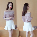 2016韩版时尚甜美一字领露肩百褶纯色雪纺衫五分袖上衣短袖夏装