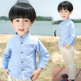 春装韩版冬季新款儿童衬衫中小童装男童纯色长袖衬衣立领蓝色潮
