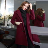 2015韩版冬装新款修身双排扣羊毛呢子大衣女枣红色中长款毛呢外套