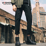 viishow2016春装新款牛仔长裤 欧美时尚破洞牛仔裤男 黑色修身潮