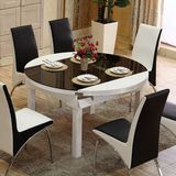 实木餐桌时尚钢化玻璃餐桌多功能伸缩圆形餐桌白色桌子 8001