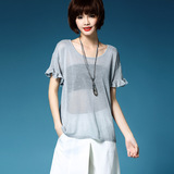 夏季新品 韩版女装亚麻针织t恤打底衫 木耳袖透视清凉罩衫上衣女