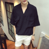 子俊夏装时尚新品气质麻棉短袖衬衫 韩版休闲青年立领男士衬衣潮