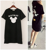 香港代购新款韩版休闲卡通米奇印花中长款学生短袖T恤裙女潮