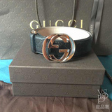 意大利专柜代购gucci 114984古奇银色双G扣 黑色印纹男士皮带