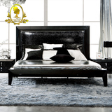 简欧家具黑色橡木1.8米床双人床简约现代实木床婚床皮床卧室大床