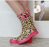 韩国时尚外贸橡胶女鞋粉色豹纹雨靴 雨鞋 水鞋高中筒 雨鞋正品