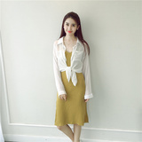 夏季新款韩版女压皱中长款开叉吊带连衣裙纯色长袖衬衫两件套+G53