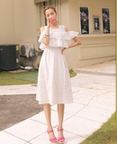 夏季韩国代购清纯性感露肩镂空花纹修身A型荷叶边白色连衣裙长裙