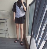 夏季韩国百搭半袖纯色中长款T恤裙子+复古拼接条纹吊带背心两件套