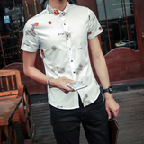 ZARA夏季男装韩版时尚印花修身短袖衬衫英伦青年休闲衬衣
