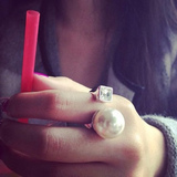 日韩国大珍珠镶水钻开口戒指女指环韩版个性夸张食指关节尾戒饰品