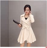 风衣女2016春装韩版中长款收腰外套系带显瘦纯色裙摆气质大衣潮