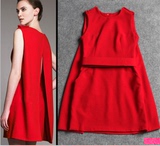 韩国代购2015春秋新款女装礼服大红色斗篷露背无袖腰带背心连衣裙