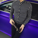 男士条纹衬衫长袖韩版时尚修身型衬衣男商务发型师夏季英伦寸衫潮