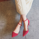 包邮 韩版高端绒面尖头大红色侧镂空时尚女鞋 细跟中跟单鞋