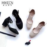 MIKECN 2016新款包头凉鞋女夏中跟裸色磨砂粗跟一字扣女鞋百搭