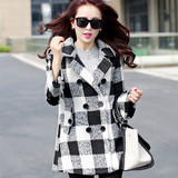 2014秋冬新款女装韩版黑白格子大衣 中长款双排扣加厚毛呢外套